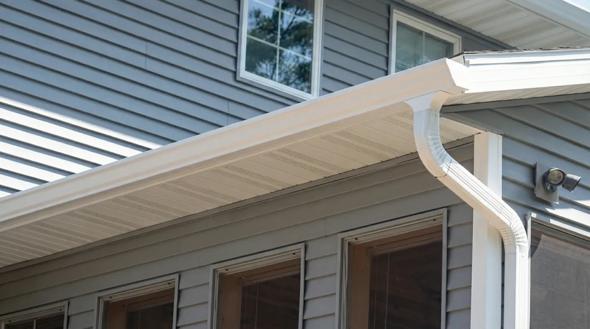 Professional home remodeling project showing newly installed white seamless gutters and downspouts on a house with gray siding in Bellevue, WA