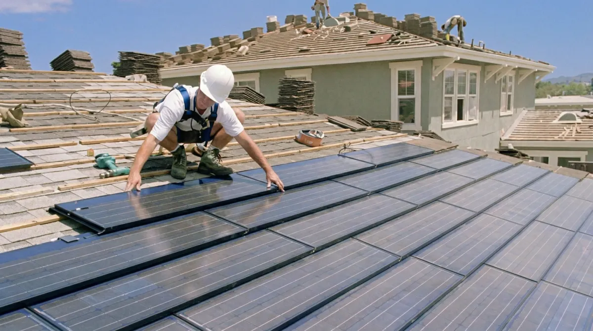 Roof replacement expert installing modern solar shingles on a residential home in Bellevue, WA