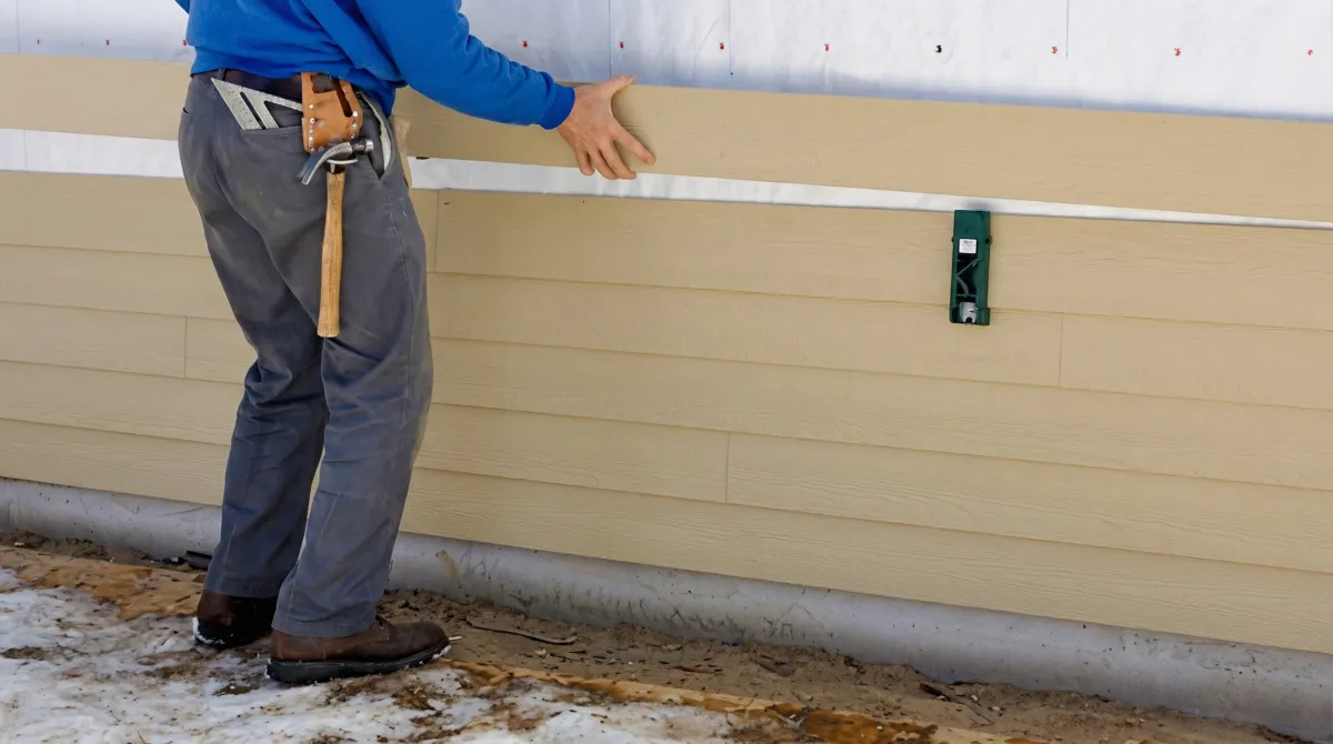 Siding replacement expert carefully aligning a new tan siding panel onto a residential exterior wall in Bellevue, WA