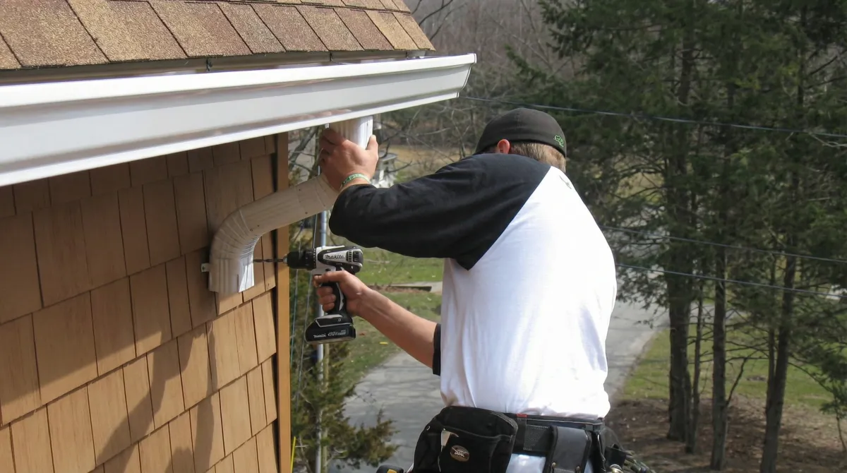 Professional contractor installing tan vinyl siding panels on a residential home exterior in Bellevue, WA