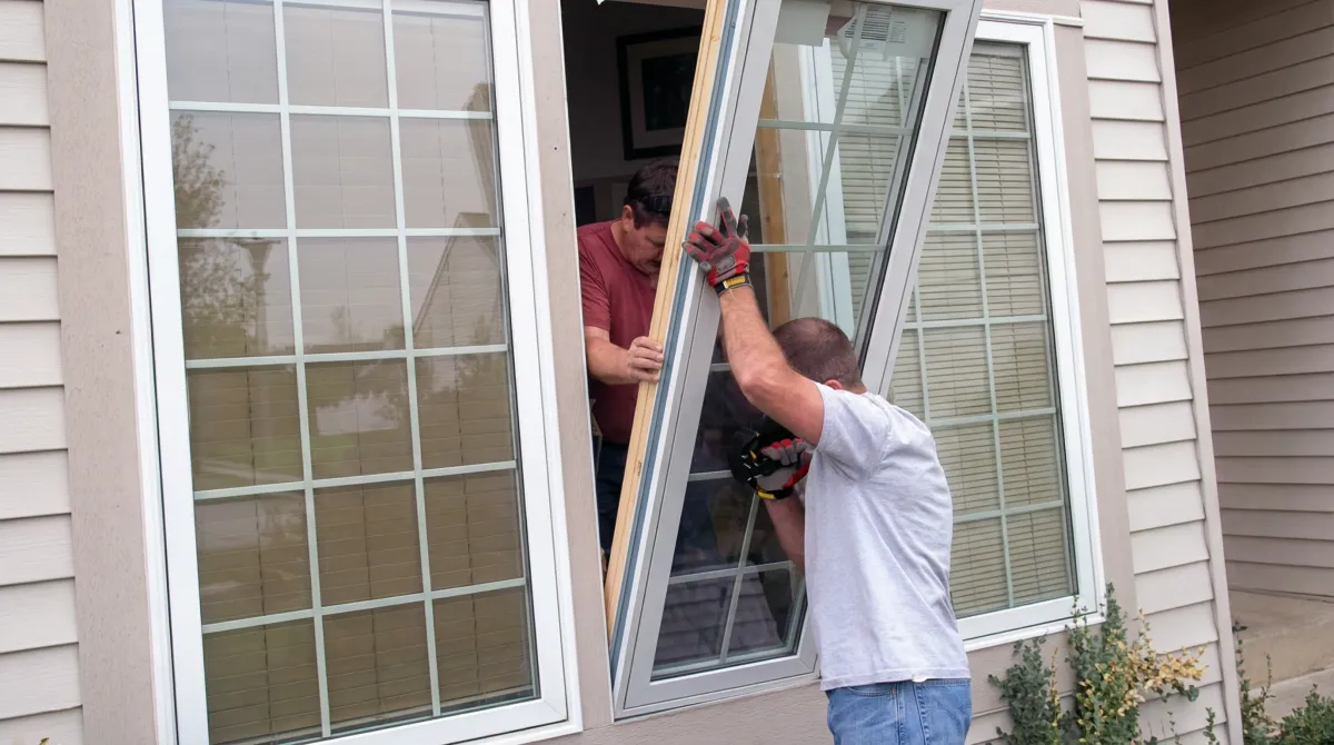 Professional home remodeling team installing a large replacement window on a house with tan siding in Bellevue, WA