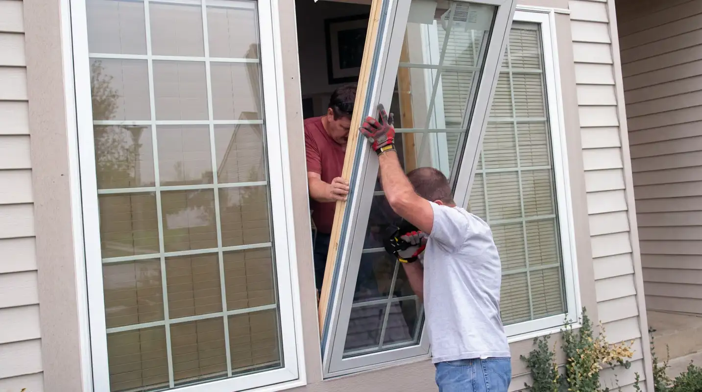 Professional home remodeling team installing a large replacement window on a house with tan siding in Bellevue, WA